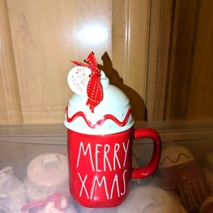 Rae Dunn merry Xmas mug with ornament topper. Farmhouse Christmas decor